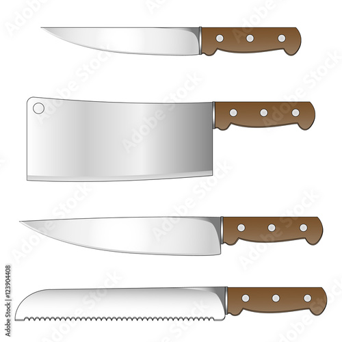 Set of kitchen knives isolated on white background. Vector illustration. Utility knife, cleaver knife, chef's knife, bread knife. Kitchenware.