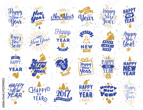Happy New Year typographic emblems set.