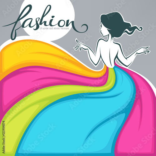 girl in dress look like a colorful fabric, fashion banner, card,