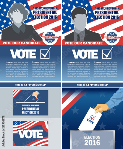 Usa 2016 election a4 flyer mockup with country map, vote checkbox, male and female candidate. Digital vector image
