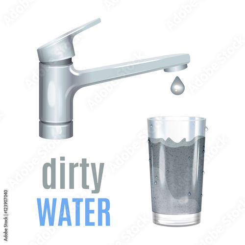 Tap with dirty water, muddy water in glass, pollution concept. 