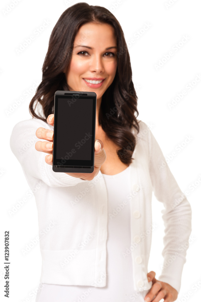 Pretty  Hispanic Latin woman girl holding showing blank mobile phone screen isolated on white background