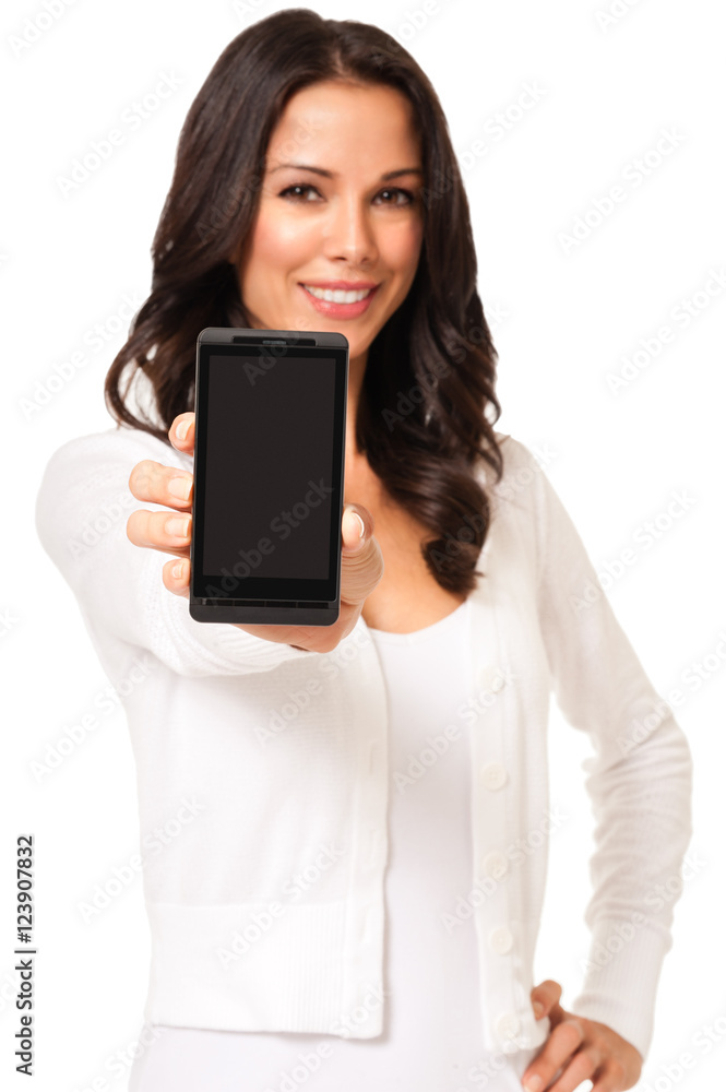 Pretty Hispanic Latin woman girl holding showing blank mobile phone screen isolated on white background Pretty Hispanic Latin woman girl holding showing blank mobile phone screen isolated on white background