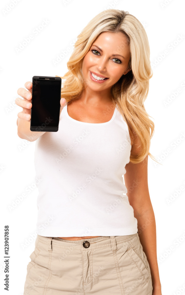 Pretty blond Hispanic Latin woman girl holding showing blank mobile phone screen isolated on white background Pretty blond Hispanic Latin woman girl holding showing blank mobile phone screen isolated on white background