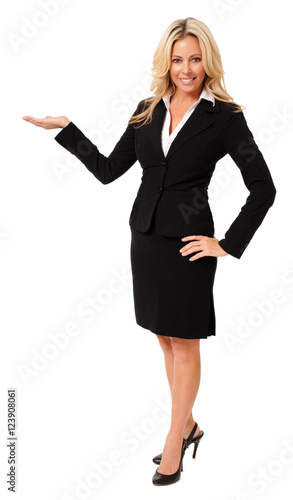 Photography Full-length attractive Hispanic Latin blond female businesswoman gesturing showi