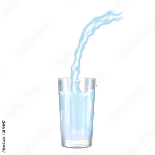 Water glass, pouring water on a glass on white background. 
