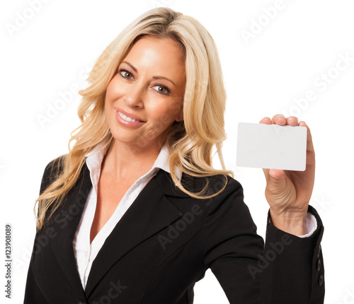 Obraz na płótnie pretty blond Hispanic Latin businesswoman saleswoman with blank credit debit dis