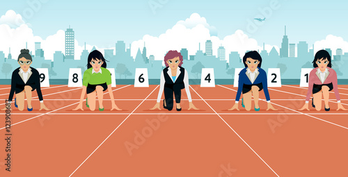 Business women at the starting line ready for the competition.
