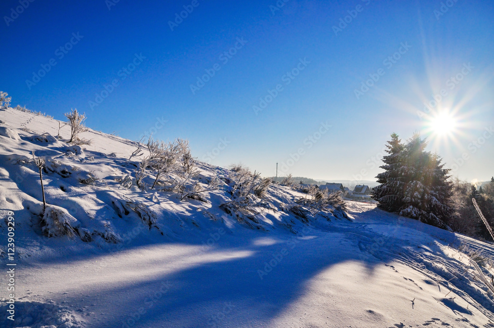 back light panoramic view of snow scape in winterberg, germany