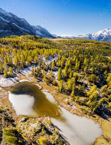 Valmalenco (IT) - Vista aerea autunnale del Laghetto Mufulè verso sud photo