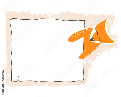 Fox holds frame in paws. Children's background.