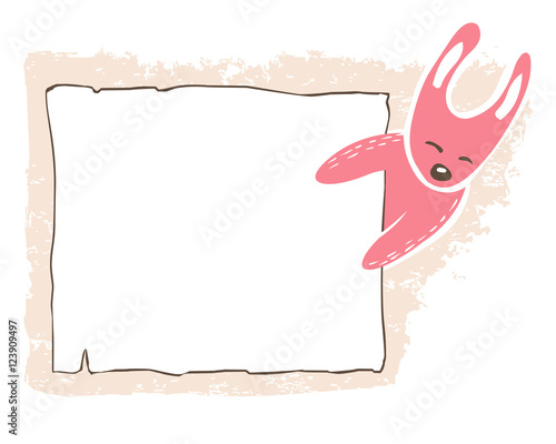 Hare holds frame in paws. Children's background.