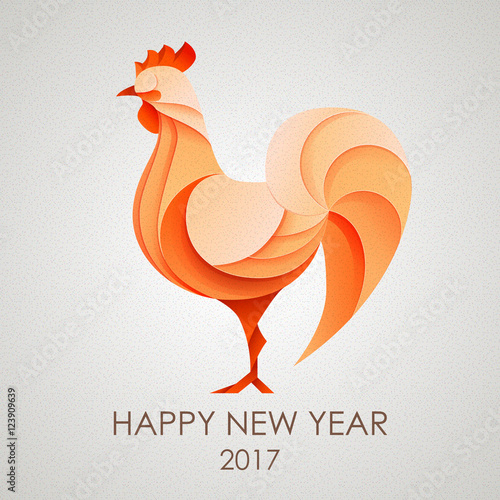 3D Origami Silhouette of cock or chicken. Happy New Year card 2017