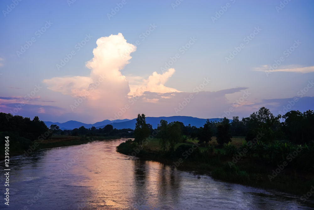 sunset on the river with cloud and blue sky.