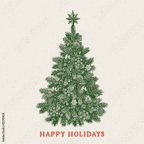 Christmas tree. Vintage greeting card with Happy Holidays inscription