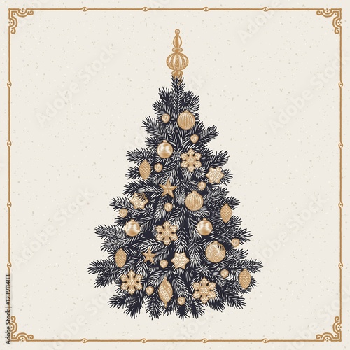 Christmas tree, detailed vintage vector illustration