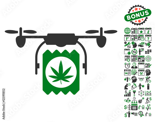 Drone Cannabis Delivery icon with bonus calendar and time service icon set. Vector illustration style is flat iconic symbols, green and gray colors, white background.