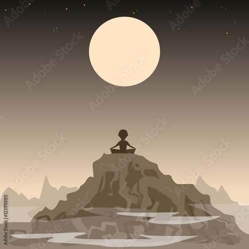meditating man on the background of the moon and mountains