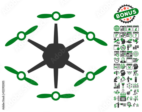 Hexacopter icon with bonus calendar and time management design elements. Vector illustration style is flat iconic symbols, green and gray colors, white background.