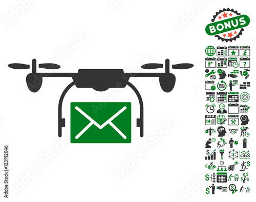Mail Delivery Drone icon with bonus calendar and time management graphic icons. Vector illustration style is flat iconic symbols, green and gray colors, white background.