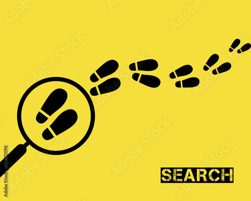 Magnifying glass with footsteps. Flat style