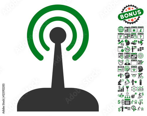 Radio Control Joystick icon with bonus calendar and time service clip art. Vector illustration style is flat iconic symbols, green and gray colors, white background.