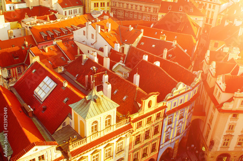 Red Prague roofs - view from the City Hall, travel european sunny background