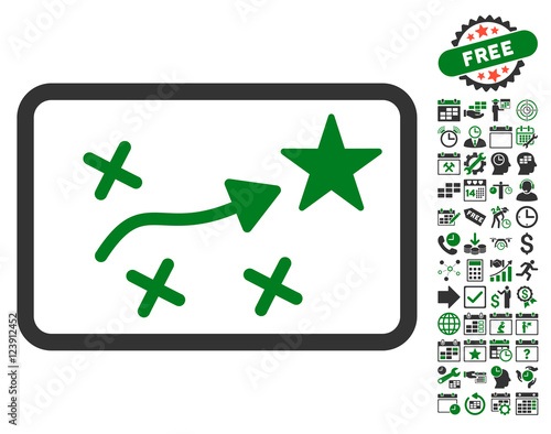 Route Plan pictograph with bonus calendar and time management images. Vector illustration style is flat iconic symbols, green and gray colors, white background.