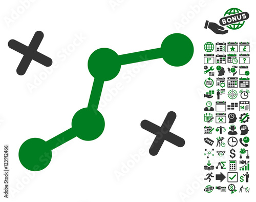 Route Points icon with bonus calendar and time service design elements. Vector illustration style is flat iconic symbols, green and gray colors, white background.