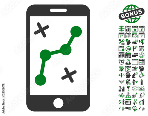 Route Smartphone pictograph with bonus calendar and time management clip art. Vector illustration style is flat iconic symbols, green and gray colors, white background.