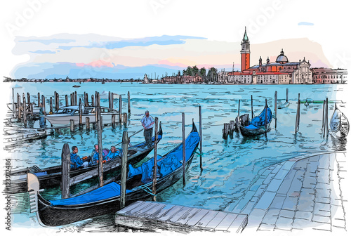 Venice. Italy. Quay Piazza San Marco. Gondolas on the water & Island of San Giorgio Maggiore. Vector color illustration