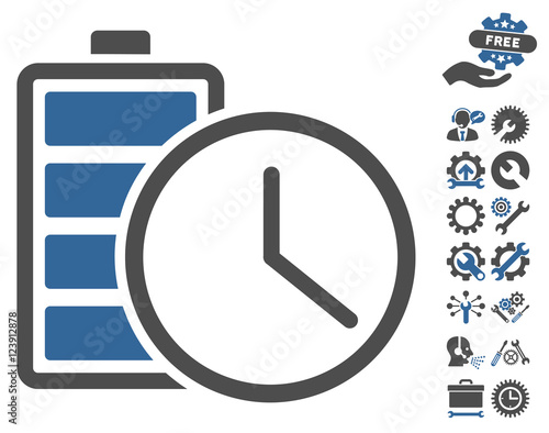 Battery Time pictograph with bonus tools graphic icons. Vector illustration style is flat iconic symbols, cobalt and gray colors, white background.