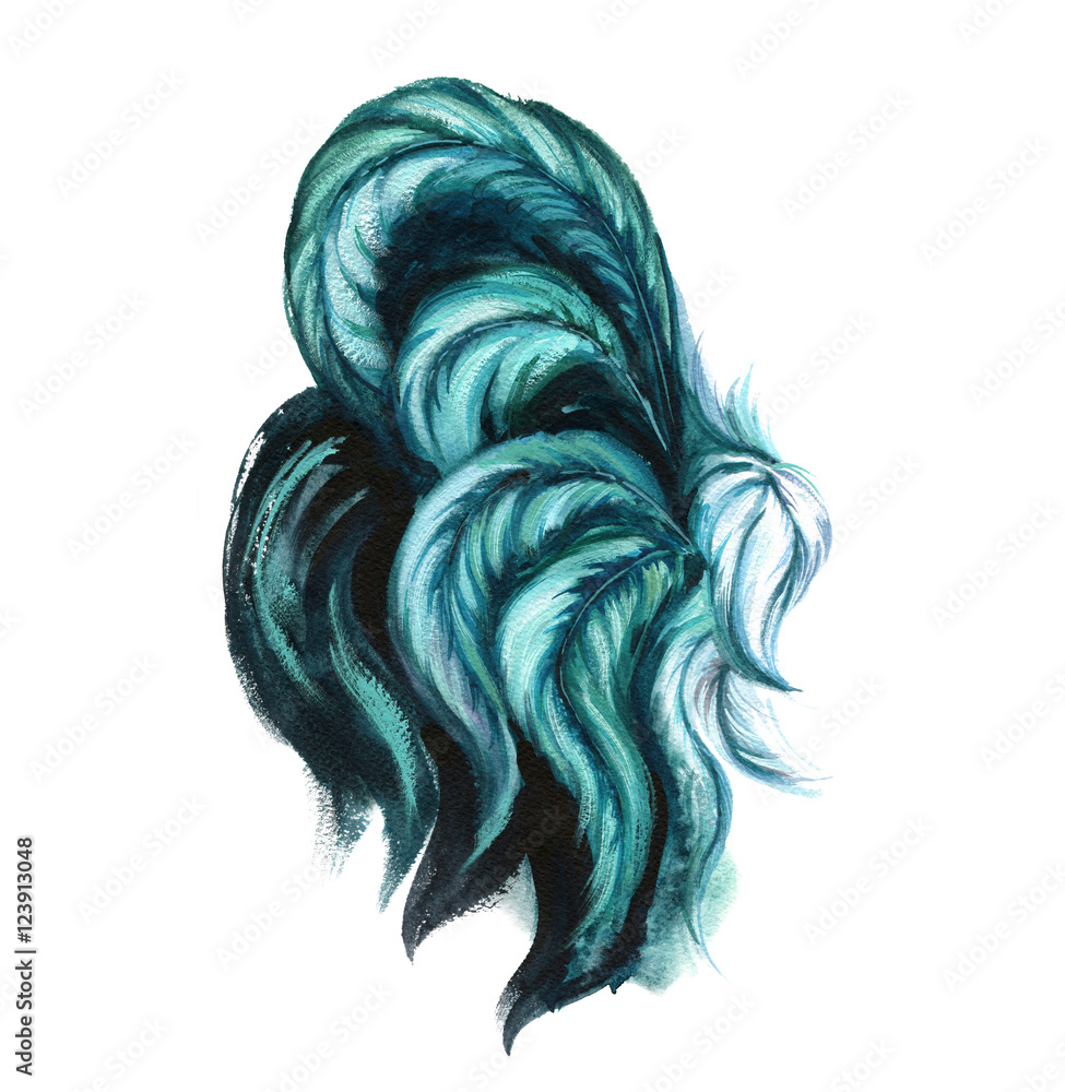 Watercolor emerald rooster illustration. Turquoise color rooster