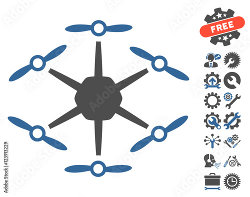 Hexacopter icon with bonus service graphic icons. Vector illustration style is flat iconic symbols, cobalt and gray colors, white background.