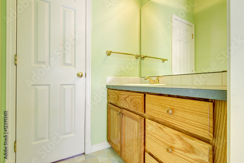 Green bathroom interior  close up of vanity cabinet