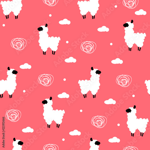 Seamless pattern polka dot with lama and clouds. Vector  background