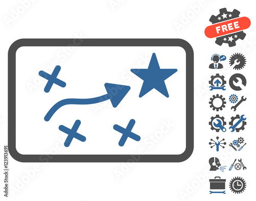 Route Plan pictograph with bonus configuration graphic icons. Vector illustration style is flat iconic symbols, cobalt and gray colors, white background.