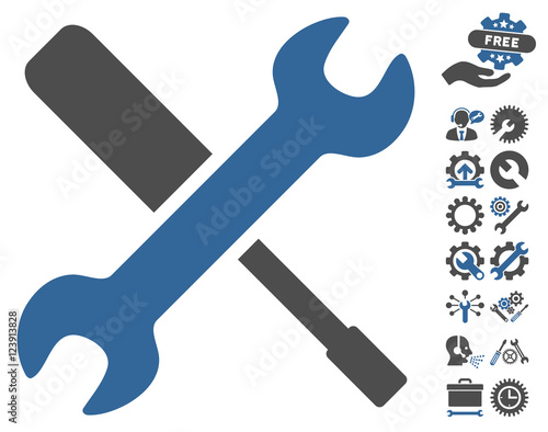 Tools pictograph with bonus options images. Vector illustration style is flat iconic symbols, cobalt and gray colors, white background.