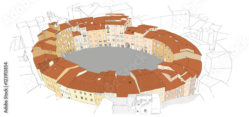 Urban sketch of oval city square in Lucca, Italy photo