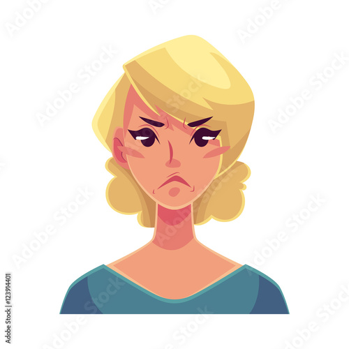 Pretty blond woman, angry facial expression, cartoon vector illustrations isolated on white background. Beautiful woman frowns, feeling distressed, frustrated, sullen, upset. Angry face expression