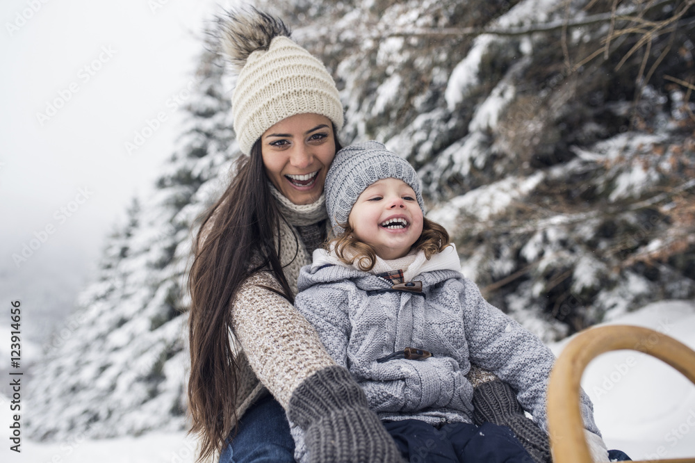 Happy mother with daughter on sledge in winter landscape Happy mother with daughter on sledge in winter landscape