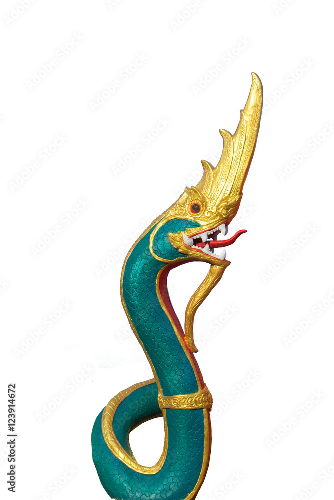 Fototapeta premium Serpent king or king of naga statue in Thai temple isolated on w