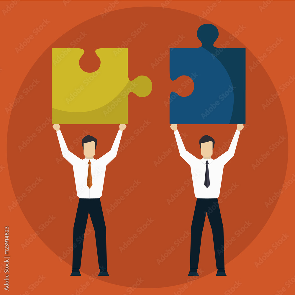 Flat style modern infographic business solution concept. Conceptual web illustration businessman and businesswoman characters connecting puzzle pieces. Flat style modern infographic business solution concept. Conceptual web illustration businessman and businesswoman characters connecting puzzle pieces.
