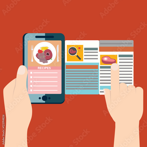 Flat design colorful vector illustration concept for cooking at home, searching recipes, culinary instructions in internet isolated on bright background