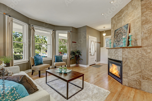 Open floor plan family room with fireplace