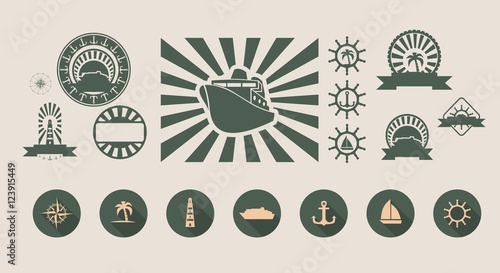 vector set of summer holidays and sea travel emblems and design elements. flat style icons collection