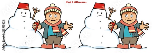 boy and snowman, find five differences