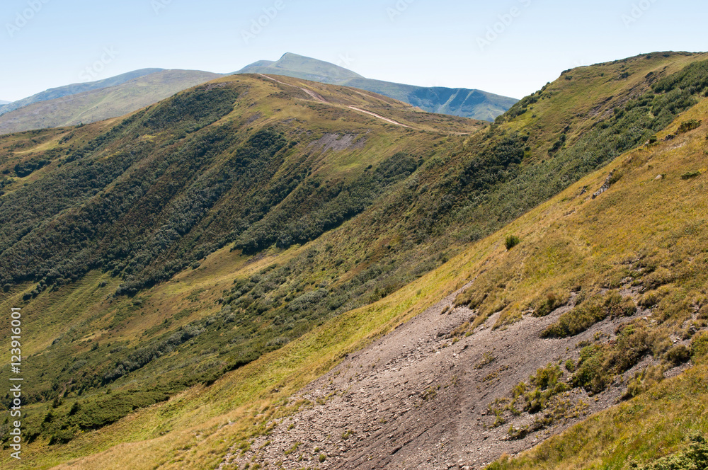 Steep hillsides covered with stone