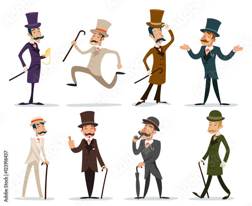 Gentleman Victorian Business Cartoon Character Icon Set English Isolated Background Retro Vintage Great Britain Design Vector Illustration