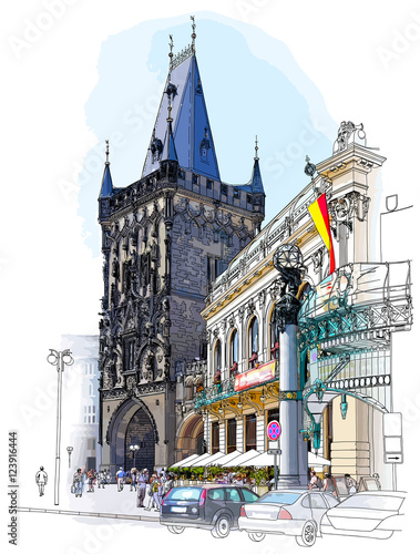 Prague - Powder Tower & Municipal House. Vector architectural color illustration